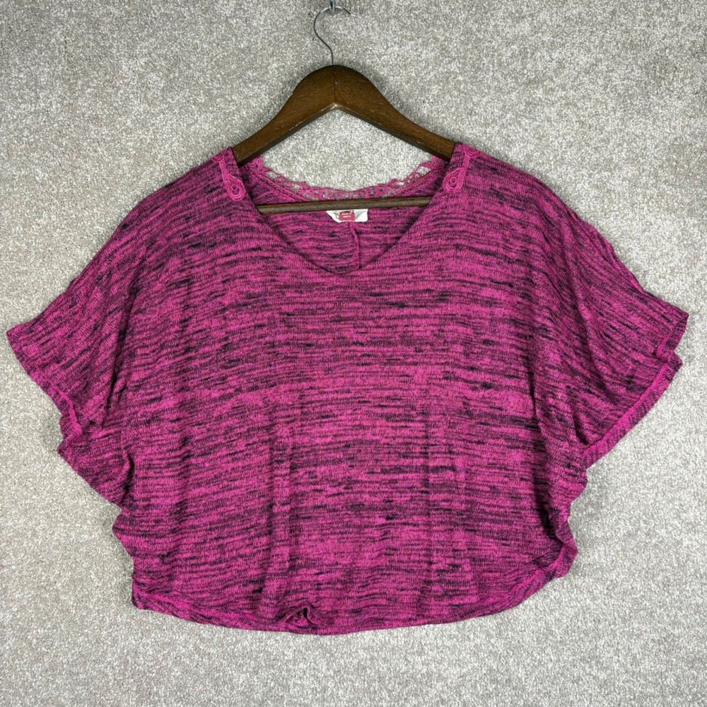 LEI Womens XL Magenta Pink Black Space Dye Lace Back Knit Top Dolman Sleeve